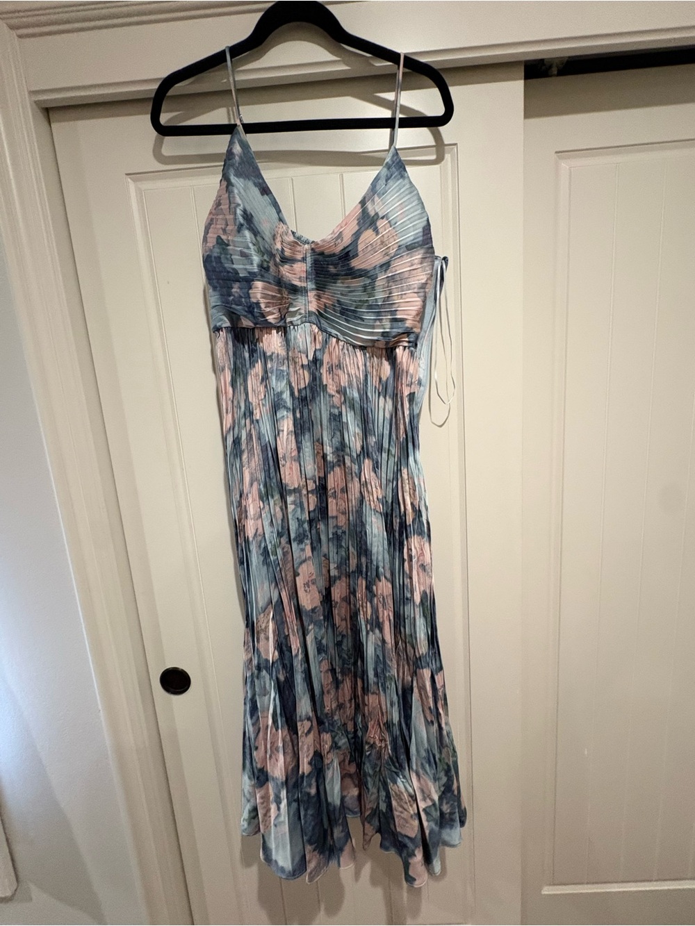 Astr Floral Pleated Spaghetti-Strap Maxi Dress in Blue & Pink